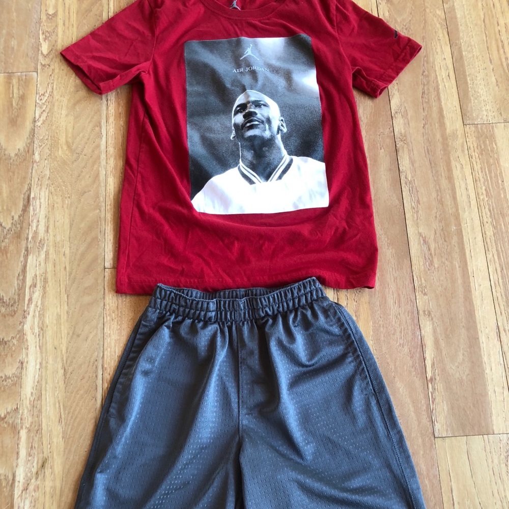 Michael Jordan shirt and workout shorts